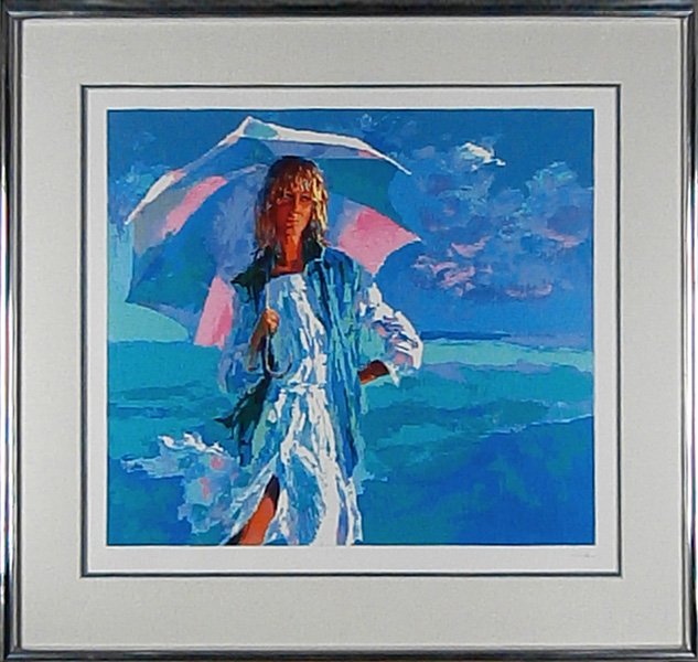 Nicola Simbari (1927-2012) Italian: LA PLAGE, color screenprint, signed in pencil, from the numbered edition 200, image 30 ½ x 34 ½”, full margins, framed, in apparently good condition.