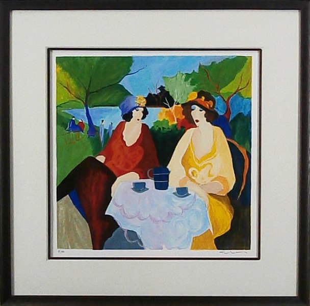 Itzchak Tarkay (1935-2012) Israeli: TWO WOMEN AT CAFÉ, color lithograph, signed in pencil, from the numbered edition 350, image 19 ¾ x 19 ¾”, full margins, framed, in apparently good condition.
