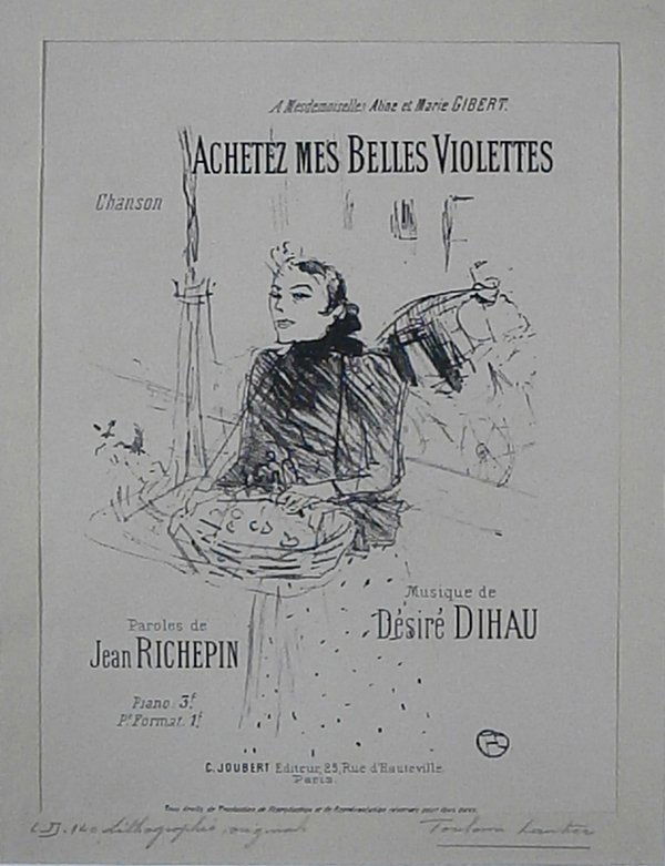 Henri Toulouse Lautrec (1864-1901) French: ACHETEZ MES BELLES VIOLETTES (D.140), 1895, lithograph, sight 11 ¼ x 8 ¼”, framed with glass, soft handling creases, small blemish lower right, otherwise in apparently good condition.