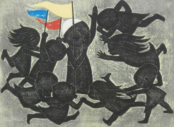 Shuzo Ikeda (b. 1922) Japanese: FALL IN, 1966, color woodblock print, signed in white ink, from the numbered edition 70, image 16 x 22”, sheet 17 ½ x 24”, pale discoloration in margins, otherwise in good condition.