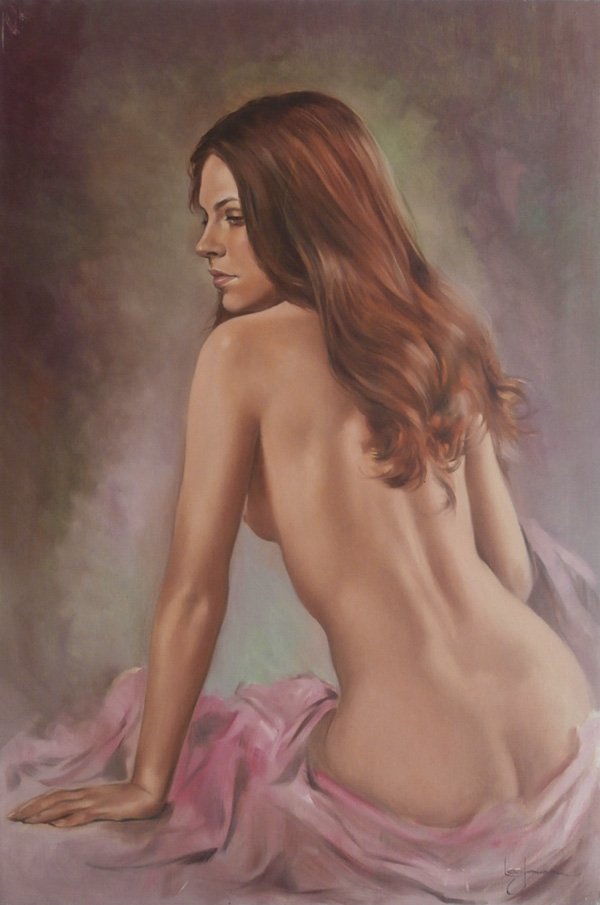 Leo Jansen (1930-1980) Dutch/ American: NUDE GIRL WITH AUBURN HAIR & PINK SCARF, oil painting on canvas, signed lower right, 36 x 24”, with artist’s copyright and thumbprint and inventory number R 10234 J-85 on verso, two long hairline