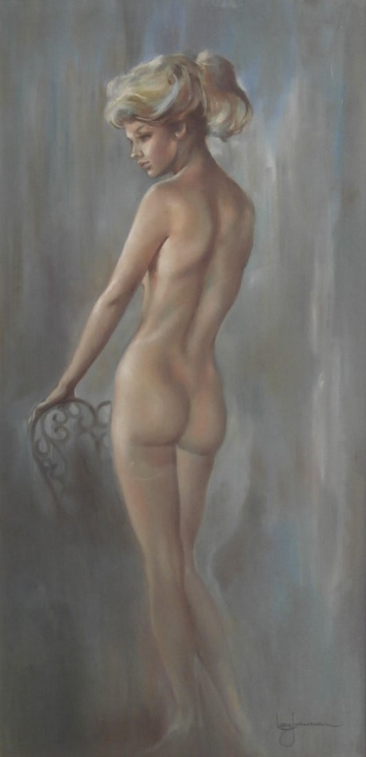 Attributed Leo Jansen (1930-1980) Dutch/ American: STANDING BLONDE NUDE, oil painting on canvas, signed lower right, 36 x 18”, discardable frame has Made in Holland stamps, some scuffs and hairlines scratches with minor surface loss, otherwise in go