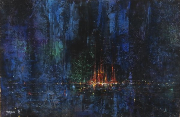 Leonardo Nierman (b. 1932) Mexican: RED CITY IN BLUE, 1965, oil painting on Masonite, signed and dated lower left, 15 ¾ x 23 ½”, discardable frame, a little edge wear, a few surface scuffs, otherwise in good studio condition.