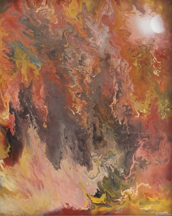 Leonardo Nierman (b. 1932) Mexican: ORANGE SKY, oil painting on Masonite, signed lower right, 19 x 16 ½”, framed, scuff lower right, scratch with small surface loss at center right, otherwise in good studio condition.