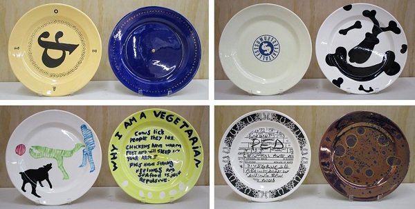 Baldessari, Herms, Fehlau, Dingle, Alexander, Abeles,: PASADENA ART ALLIANCE, 1994, eight painted and glazed ceramics chargers, each approximately 13 ” diameter, all from the edition 50, each with artist’s name and Gaetano Pottery stamp on verso, publ