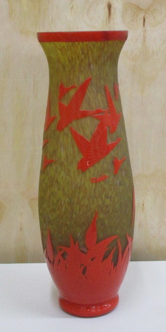 Decorative Item: Charder Glass (20th Century): Layered glass vase with raised glass lettering, 19 7/8” tall, some scuffs, stray paint, painted over small surface loss at rim, otherwise in good condition.