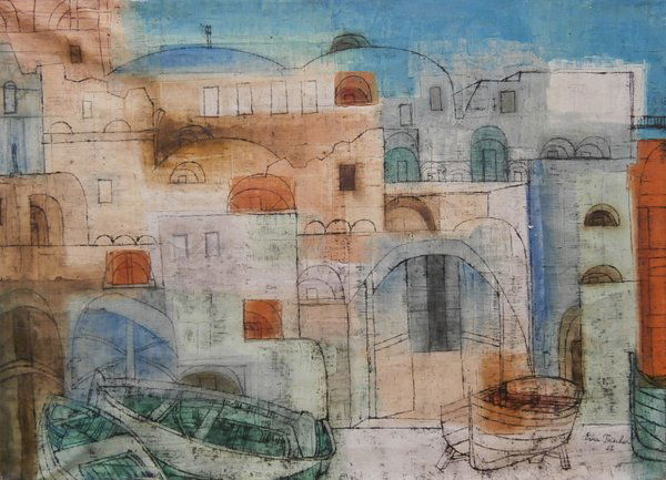 Eva Fischer (1920-2015) Croatian: DOCKED BOATS, 1956, oil painting on canvas, signed and dated lower right, 21 x 28 ”, minor surface soiling, small surface loss right side center, canvas not taut, otherwise in good studio condition.