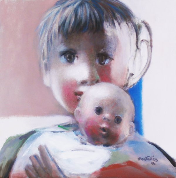 Jose Montanes (1919-1998) Spanish: LULLABY, 1994, oil painting on canvas, signed and dated lower right, 24 x 24”, with certificate from artist’s estate, in good studio condition.