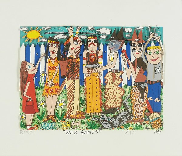 James Rizzi (1950-2011) New York: WAR GAMES, 1990, three dimensional color lithograph cut-out, signed in pencil, artist’s proof aside from the numbered edition, image 6 x 8 ”, full margins, in good condition.