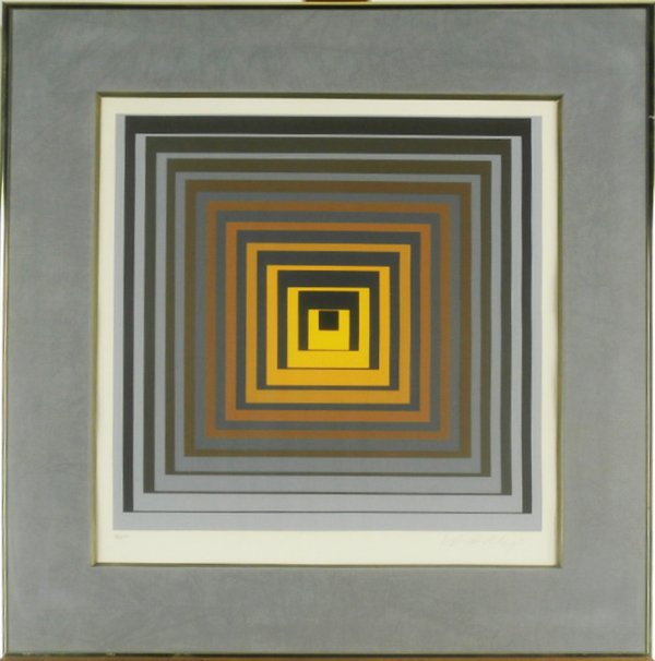Victor Vasarely (1908-1997) Hungarian/ French: LA TORCA, color screenprint, signed in pencil, from the numbered edition 250, image 15 x 15 ”, full margins, framed with glass, some extremely pale toning in margins, otherwise in apparently good co