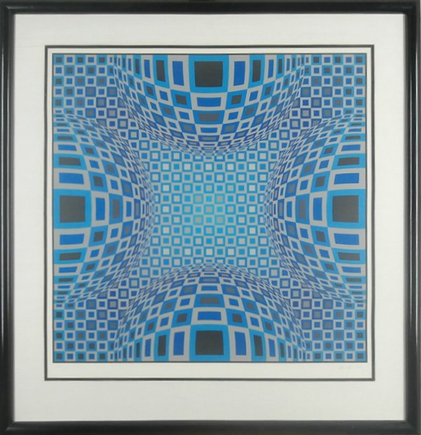 Victor Vasarely (1908-1997) Hungarian/ French: FOUR GLOBES, color screenprint, signed in pencil, from the numbered edition 125, image 25 x 25 ”, full margins, framed with glass, in apparently good condition.