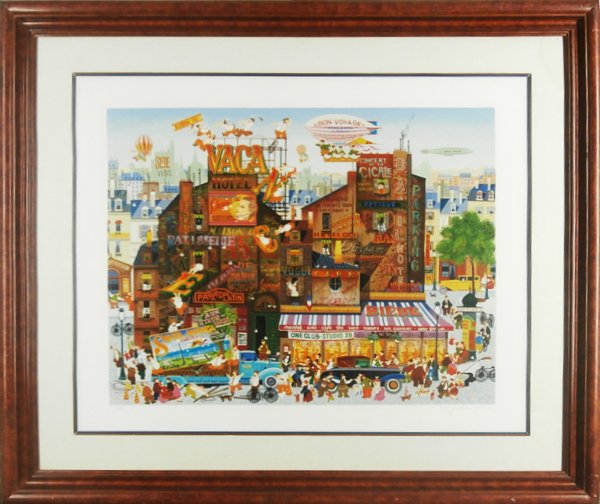 Hiro Yamagata (b. 1948) Japanese/ Californian: VACANCE, color screenprint, signed in pencil, from the numbered edition 300, image 21 x 27 ”, full margins, Accent Studio printers blind stamp lower left, framed with glass, in apparently good condi