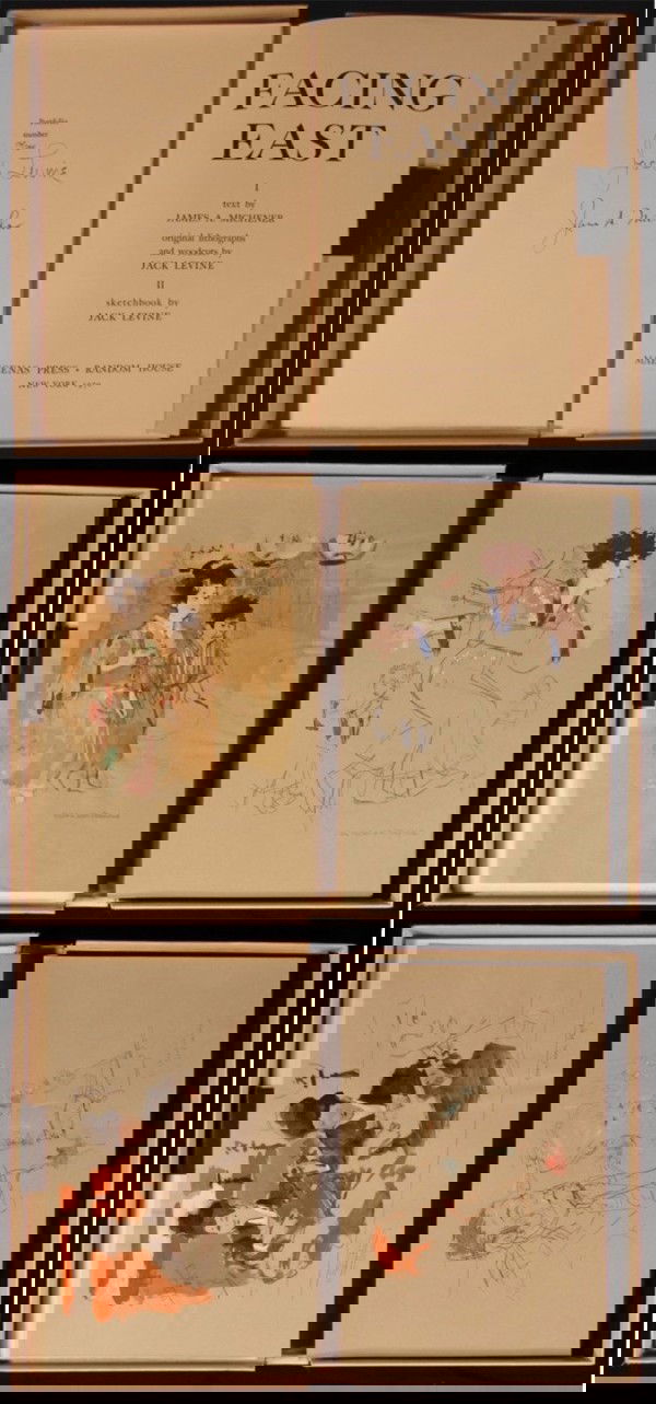 Jack Levine & James Michener (portfolio): FACING EAST, 1970, the incomplete portfolio with one color lithograph (of four), in text woodcuts, a separate portfolio of 51 (of 54) photo type prints with pochoir on Ingress paper, text by James Mic