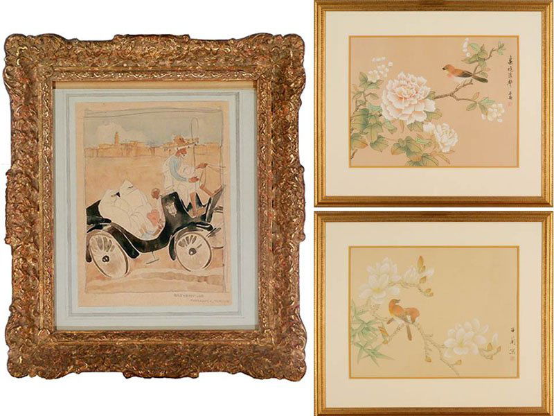 Charles Baskerville (1896-1994) New York & Asian Artist: Charles Baskerville BLACK CARRIAGE, MARRAKESCH, MOROCCO, watercolor on paper, signed or inscribed and titled lower right, 8 x 5 ”, discoloration probably from age; Together with Asian Artist Unident