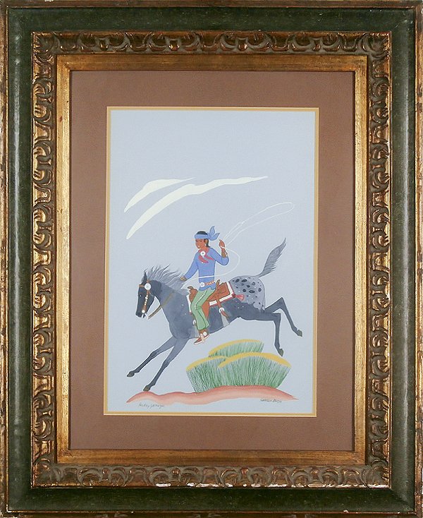 Harrison Begay (Haskay Yahne Yah) (1914-2012) Native: HORSE & RIDER, watercolor on paper, signed lower right, sight 18 x 12 ”, framed with glass, in apparently good condition.