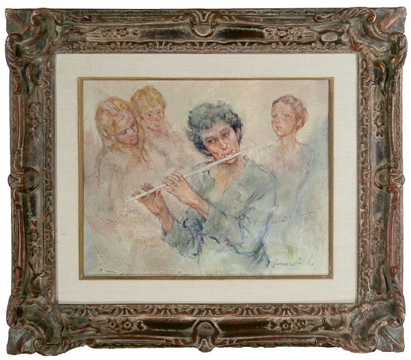 Antonio Gonzalez Collado (b. 1930) Spanish: THE FLUTIST, oil painting on canvas, signed lower right, signed and with artist’s & Felix Abada Inc. stamps on verso, framed, minor surface soiling, otherwise in good studio condition. Provenance: F