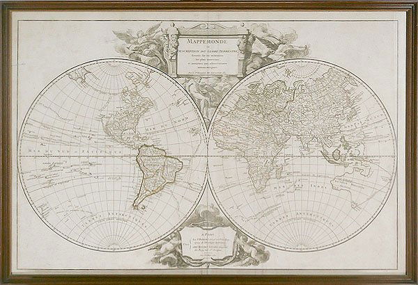 Decorative Art: Antique Map by Robert De Vaugondy (18th: MAPPEMONDE OU DESCRIPTION DU GLOBE TERRESTRE, Paris 1752, world map in two hemispheres, color etching on chain-laid paper with hand-coloring, image 18 x 27 ”, with center fold as issued, framed with