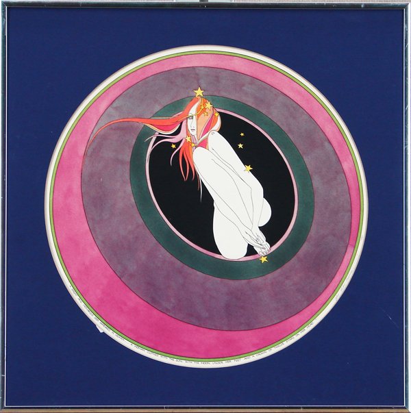 John Eastman (20th Century) American: A GREAT AND WONDERFUL SIGN APPEARED IN HEAVEN, 1980, watercolor on paper, titled signed and dated lower center, signed and dated and dedicated on frame verso, artist’s label on verso, 13” diameter