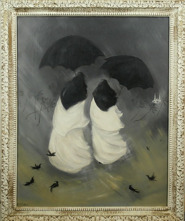 Richard Maitland (1925-2014) New Mexico: TWO WOMEN TRAVELING IN A STORM, oil painting on canvas, signed lower left, 30 x 24”, framed, some hairline cracks, pale discoloration on verso, otherwise in good studio condition.