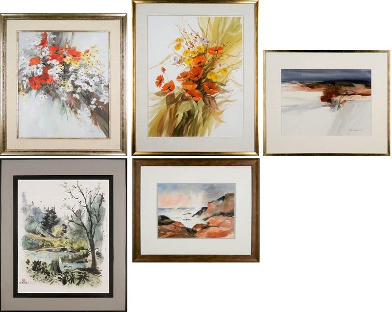 Fran Wohfelder (20th Century) (3), Bob Martin & Pat: Fran Wohfelder STILL LIFE WITH FLOWERS, oil painting on Masonite, signed lower right, 28 x 24”; POPPIES IN A BOUQUET, watercolor on paper, signed lower right, sight 27 x 21 ”; LANDSCAPE, watercolo