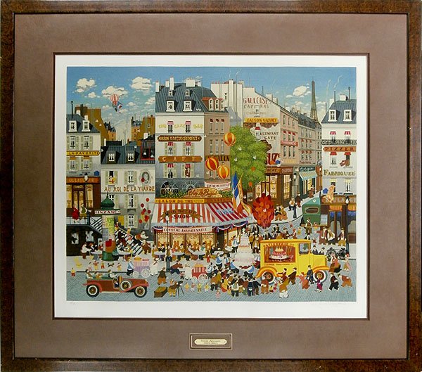 Hiro Yamagata (b. 1948) Japanese: CENTIEME ANNIVERSAIRE, color screenprint, signed in pencil, from the Roman numeral edition of 100, image 21 x 27”, full margins, printed by Accent Studio with blind stamp lower left, framed with gla