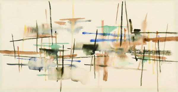 Roger Selchow (1911-1994) New York: UNTITLED ABSTRACT, watercolor on paper, signed lower center, 10 x 20", small masking tape hinges in corners, blue paper pigment diminished on recto, otherwise in good studio condition.