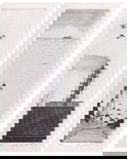 Nobuo Satoh (b. 1926) Japanese (two): SMOKE STACK; LIGHTHOUSE, pair of etchings, each signed in pencil, from the numbered editions 50, images 5 ¾ x 1 ¾", full margins. (2)