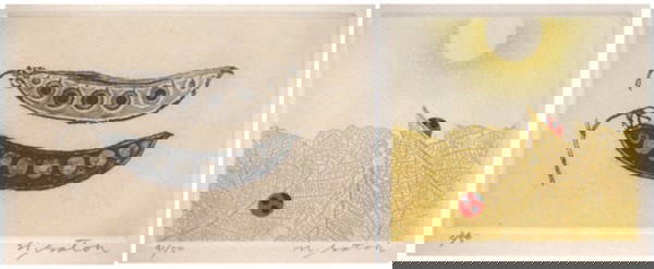 Nobuo Satoh (b. 1926) Japanese (two): PEA POD; LADY BUGS, pair of color etchings, each signed in pencil, from the numbered editions 50, images 2 ¾ x 4" & 3 x 3 ¼", full margins, one with tape along the edges, otherwise in good condition