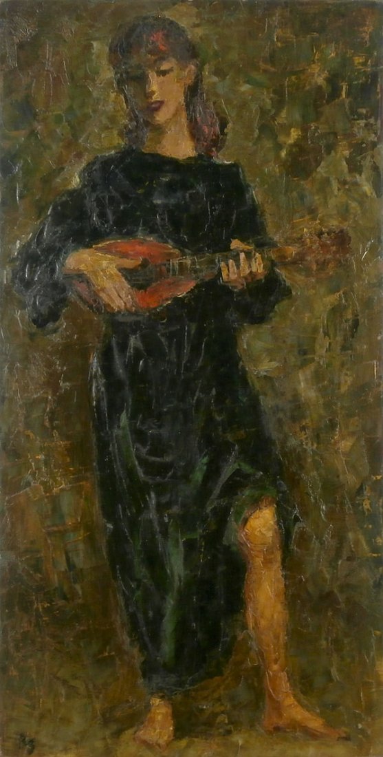 Ron Blumberg (1908-2002) Californian: GIRL WITH MANDOLIN, 1963, oil painting on Masonite, initialed lower left, signed and dated and titled on verso, 24 x 12â€, surface soiling, minor edge wear, otherwise in good studio condition.
