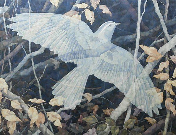 Jeffrey D. Jones (20 th Century) American: BIRD IN THE FOREST, acrylic painting on canvas, signed lower right, 57 x 72â€, faint stretcher bar impressions, minor smudges in white boarder, otherwise in good studio condition . Provenance: Artv