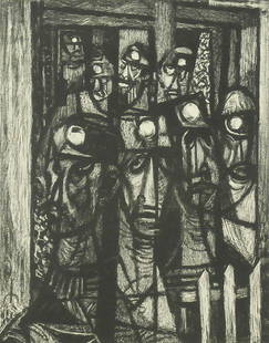 Richard Haines (1906-1984) Californian: MINERS, 1948, lithograph, signed and dated in pencil, numbered 34/53, image 12 x 9 ", full margins, printed by Kistler with blind stamp lower right, framed with glass, in apparently good condition. Pr