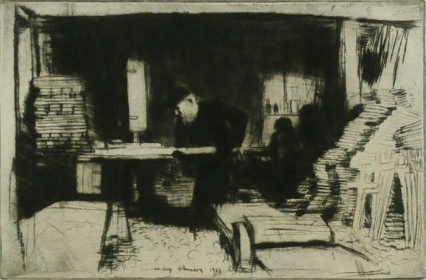 James McBey (1883-1959) British: CARPENTER OF HESDIN, 1917, etching, signed in pen and inscribed ‘A*?’, image 7 x 12", full margins, framed with glass, some pale discoloration and speckles, otherwise in apparently good condition.