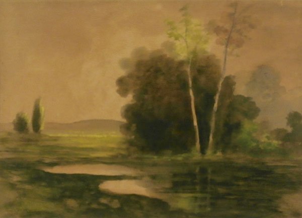 Arthur Moore (1840-1913) New York: LANDSCAPE, watercolor on paper, signed lower left, sight 8 x 11 ", framed with glass, a few small scrapes and small loss upper right corner, probably toned, otherwise in apparently good studio conditi