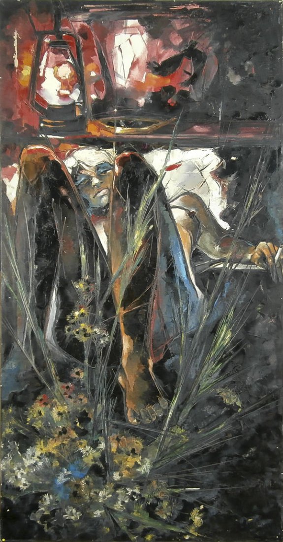 Regis de Bouvier de Cachard (b. 1929) French California: SHELIA RECLINING, c.1959, oil painting on canvas, 60 x 30”, C. Roverson & Co. Ltd. London stamp on verso, surface soiling, some contraction craquelure, loss and flaking upper left area, otherwise in