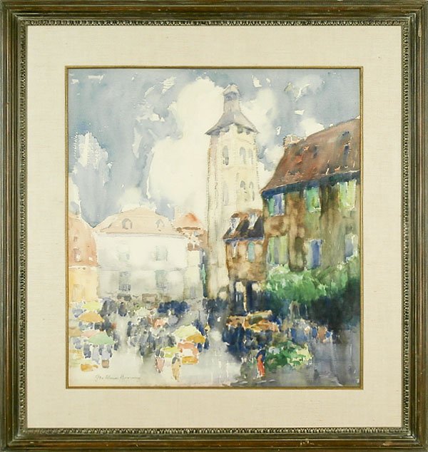 George Elmer Browne (1871-1946) Massachusetts: OUTDOOR MARKET, watercolor on paper, signed lower left, sight 21 x 19”, framed with glass, pale discoloration sheet perimeter at mat, a few speckles, otherwise in good studio condition.