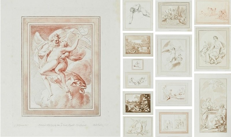 Richard Earlom (1743-1822) British: ALLEGORICAL SUBJECTS, 1786-1789, a collection of thirteen monochromatic engravings after Cipriani, eleven by Earlom and one by Catherine Preftel and one anonymous, sheets 19 x 13 ”, each with a coll