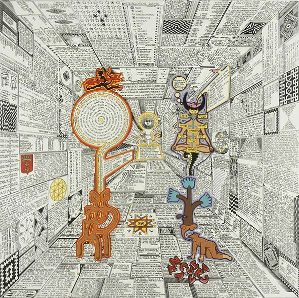 Pedro Friedeberg (b. 1936) Mexican: MATIAS EN CUERNABACA, 1974, color screenprint, signed and titled in pencil, numbered 15/100, image 21 x 21 ”, sheet 23 x 23 ”, framed with glass (popping out of frame), some faint discoloration in