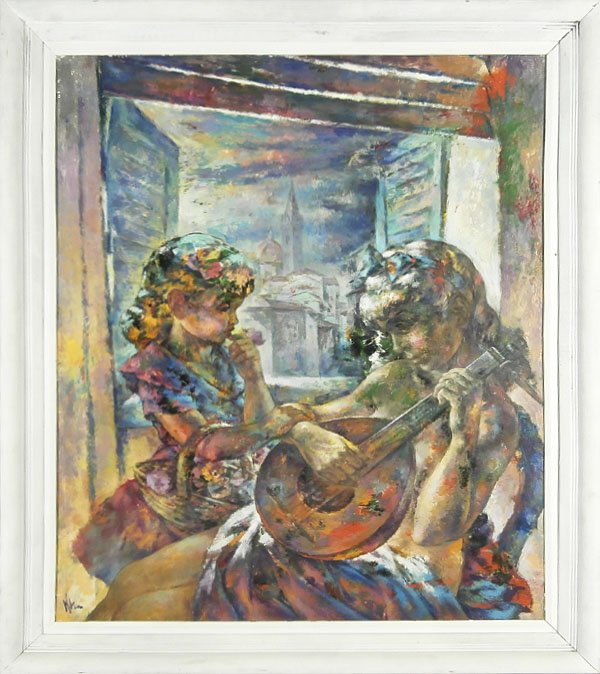 Sandor Klein (1912-1995) New York/ Californian: MUSIC MOMENT MADRID, oil painting on Masonite, signed lower left, 36 x 30”, framed, in good studio condition. Provenance: Acquired directly from the artist by the present owner. Klein won the Pulitz