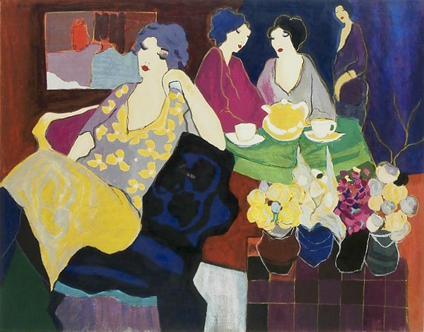 Itzchak Tarkay (1935-2012) Israeli: MORNING TALK, 1992, color screenprint, signed in pencil, numbered 149/350, image 20 x 26 ”, full margins, framed, in apparently good condition.