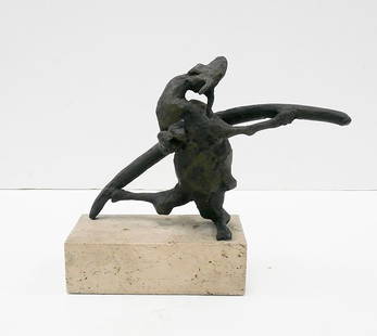 Jack Zajac (b. 1929) California: SMALL GOAT, cast bronze sculpture with dark green patina, signed, 7 x 10 x 6”, mounted to 2” serpentine stone base, sculpture in good studio condition, some chips on stone base. Provenance: Mekler