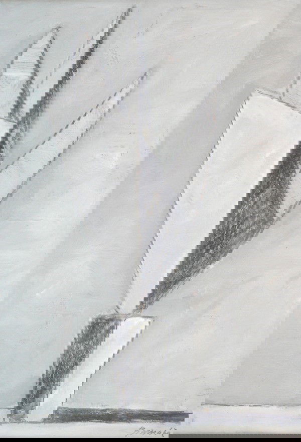 Duilio Barnabe (1914-1961) Italian: UNTITLED, gouache painting on newspaper, 21 ½ x 15", signed lower right, framed with glass.