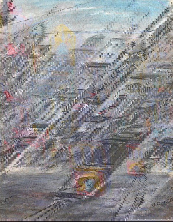 Pascal Cucaro (b. 1915) American: SAN FRANCISCO STREET CARS, acrylic wash on canvas, 27 x 21", signed lower left.