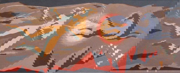 Millard Sheets (1907-1989) American: ISLAND DREAM, color screenprint, signed in pencil, from the numbered edition 185, image 8 ½ x 20 ½", full margins, some scuffs and hairline scratches, a strip of masking tape verso top edge, otherwi