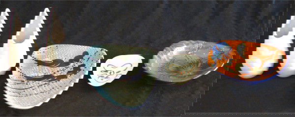 Bauer, Bellaire, Franciscan & Raymor Ceramics (fiv: Pair of mid-century Bauer tear-drop shaped vases, each 8 ½" tall, designed by Tracy Irwin; Together with Marc Bellaire, mid-century ceramic free-form bowl, 13 x 8", signed; Together with 6" footed tr