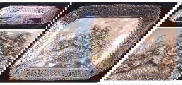 Sterling Silver Serving Platter: A stunning sterling silver platter with cherubs playing harps and trumpets, 10 ½ wide, 13 ½" long, 2 ½" deep, stamped Germany.