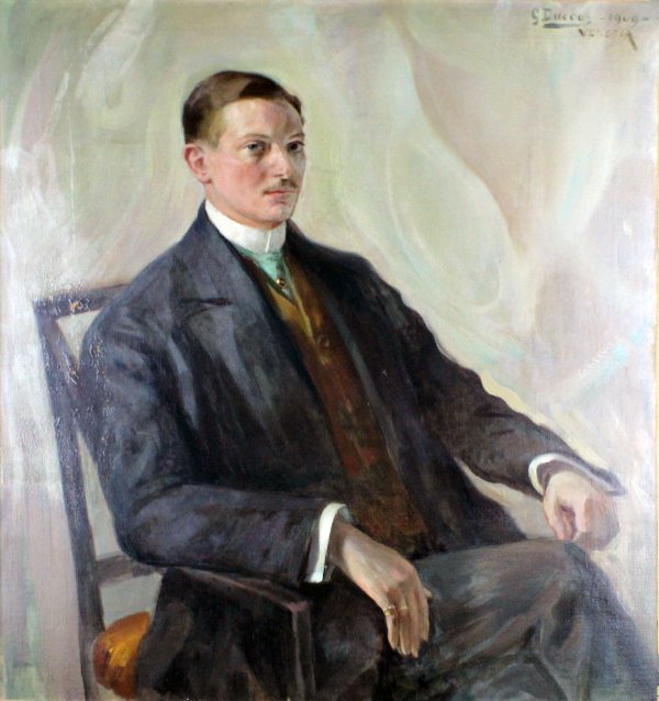 Giuseppe Duodo (1877-1955) Italian: PORTRAIT OF A SEATED GENTLEMAN VENEZIA, 1909, oil painting on canvas mounted to Masonite, signed and dated and inscribed Venezia upper right, 39 x 35 ”, surface soiling, craquelure with flaking alon