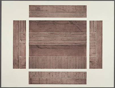 Michael Heizer (b. 1944) Californian: PLATFORM #1 (G.1235), 1985, drypoint etching with collage, signed in pencil, numbered 4/12, sheet 50 x 65”, printed by Gemini G.E.L. with their blind stamp lower right, framed, in apparently good