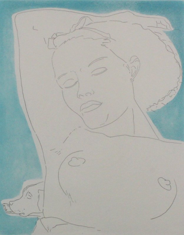 Man Ray (1890-1976) New York: SLEEPING NUDE WITH DOG, color etching on Arches script watermarked paper, signed in pencil and inscribed H.C. XXI/XXV, plate 19 x 15 ”, full margins, framed lacking glass, in apparently good conditi