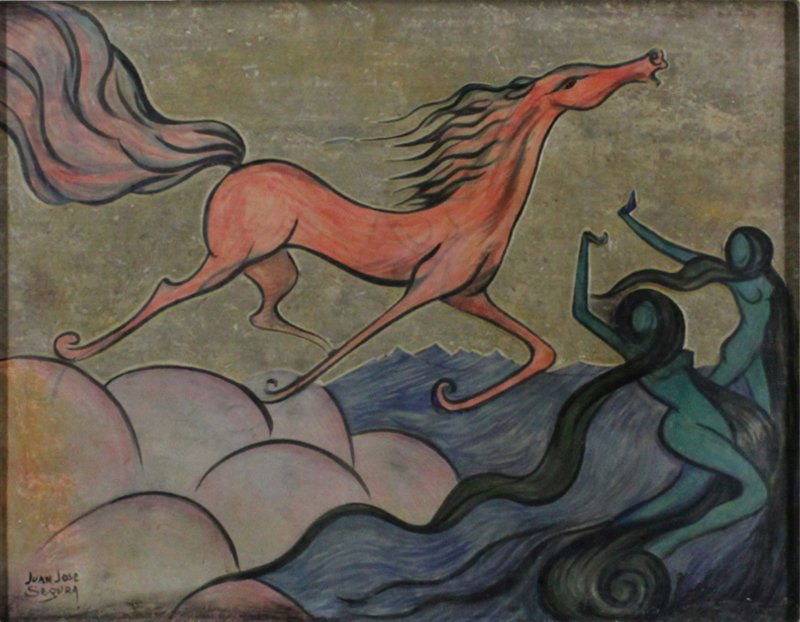 Juan Jose Segura (20th Century) Mexican: HORSES AND MERMAIDS, watercolor and gouache painted over carved linoleum, signed lower left, 13 x 17 ”, framed, in apparently good studio condition.