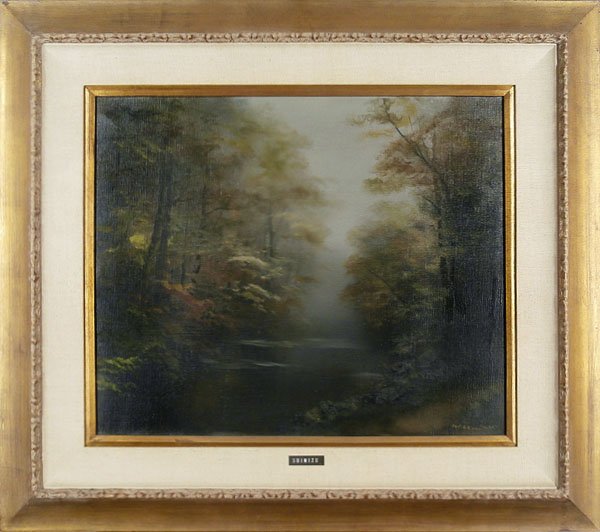 Mitsuzo Shimizu (1905-1986) Californian: MISTY STREAM, oil painting on canvas, signed lower right, 19 x 24”, framed, in good studio condition.